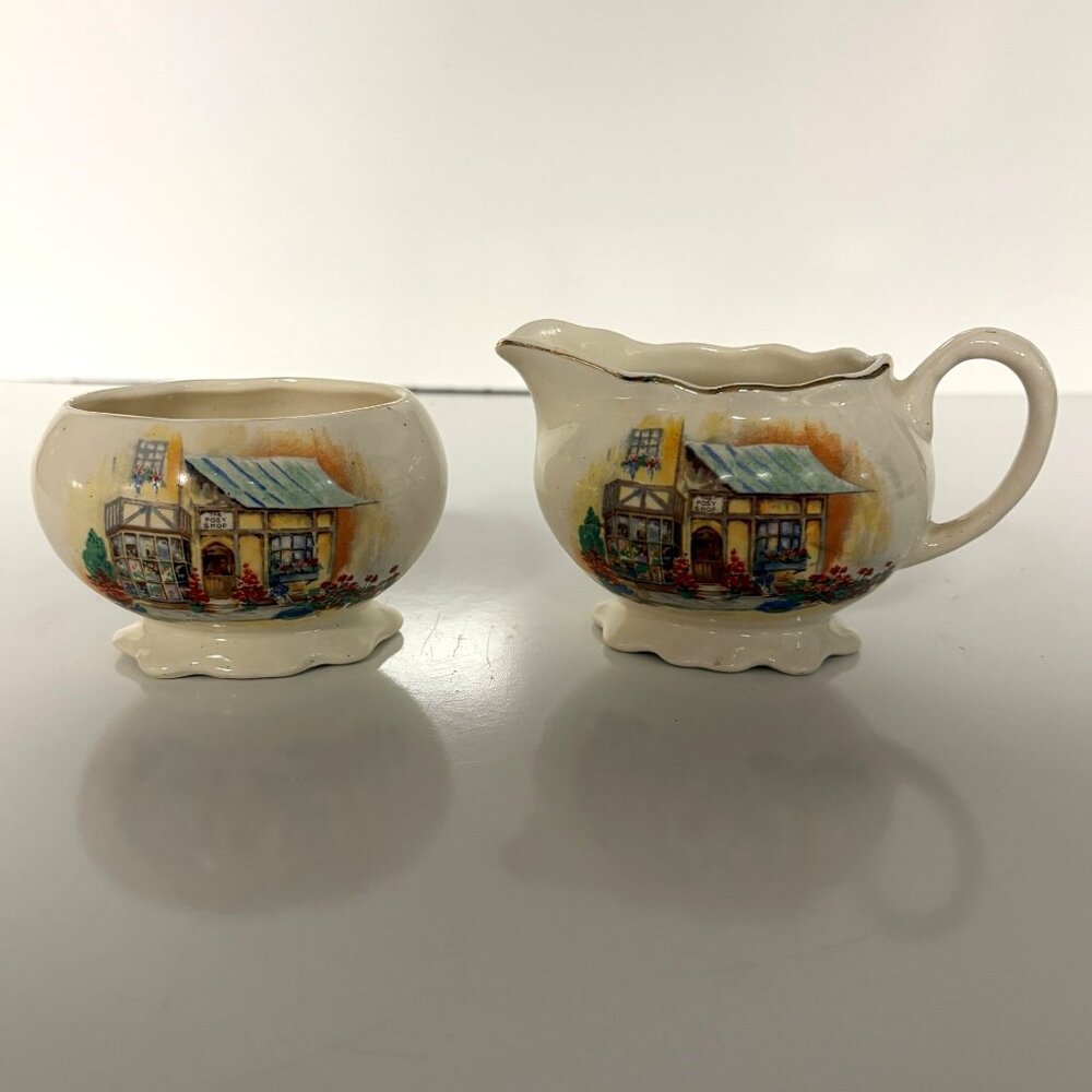 Lancaster Sandland Creamer & Sugar Bowl Set English Ware Cottage Gold Trim VTG
